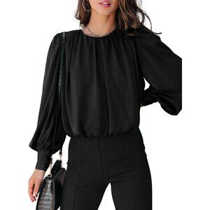 Women's Black Summer Casual Solid Color Crew Neck Long Sleeve Blouses Shirt